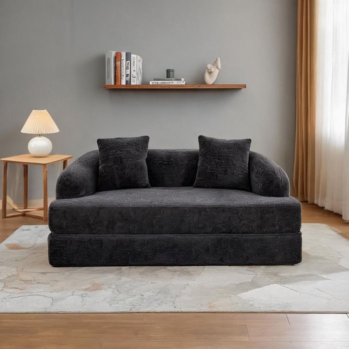 Canapé-lit convertible 2 places en chenille classique gris foncé design rétro et assise ergonomique