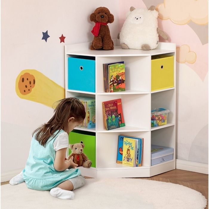 Meuble dangle rangement enfant bibliothèque 9 compartiments 3 tiroirs tissu non tissé MDF blanc 57 4 x 57 4 x 94 cm ORVRYN