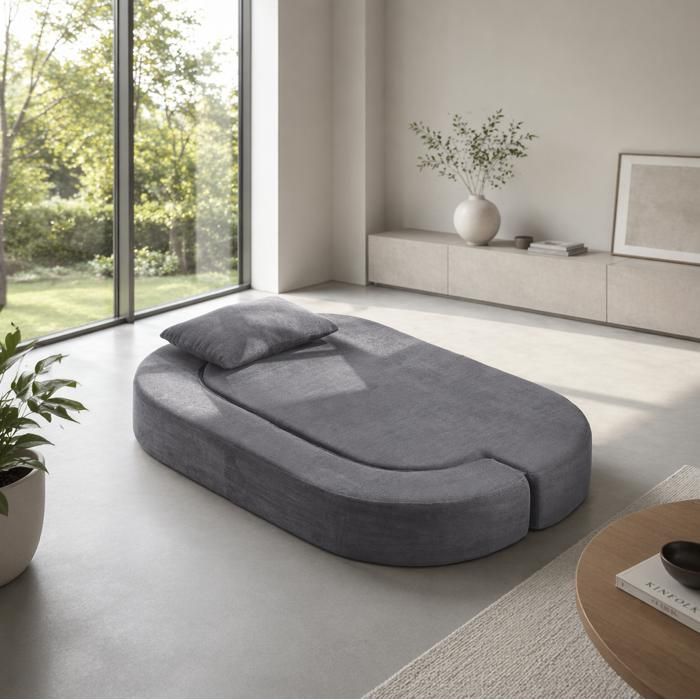 Canapé convertible pliable 2 en 1 AESVAR 2 places en flanelle gris clair avec 2 oreillers