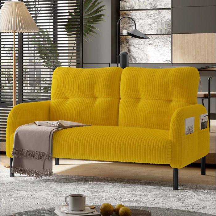 Canapé droit 2 places avec dossier haut poche latérale et pieds en métal en velours côtelé jaune 120 × 75 × 79 cm