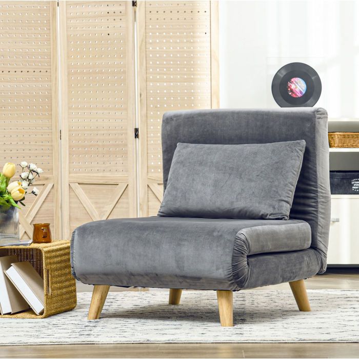 Fauteuil-lit 1 place convertible avec coussin dossier réglable 6 positions polyester gris 72x190 cm Grjofek
