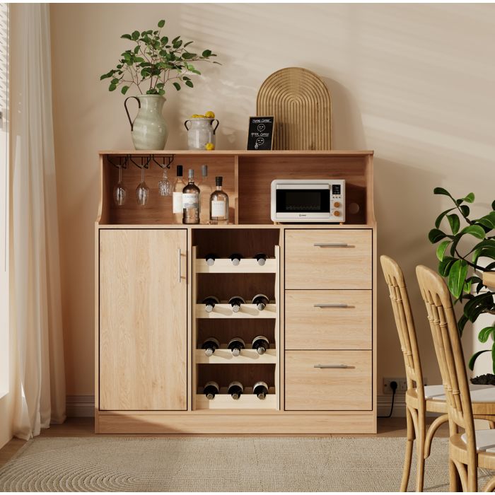 Buffet Haut 1 Porte 3 Tiroirs Range-Bouteilles 4 Niveaux LED et Prise - YEAVIO - MDF Cuisine 120×40×121 cm