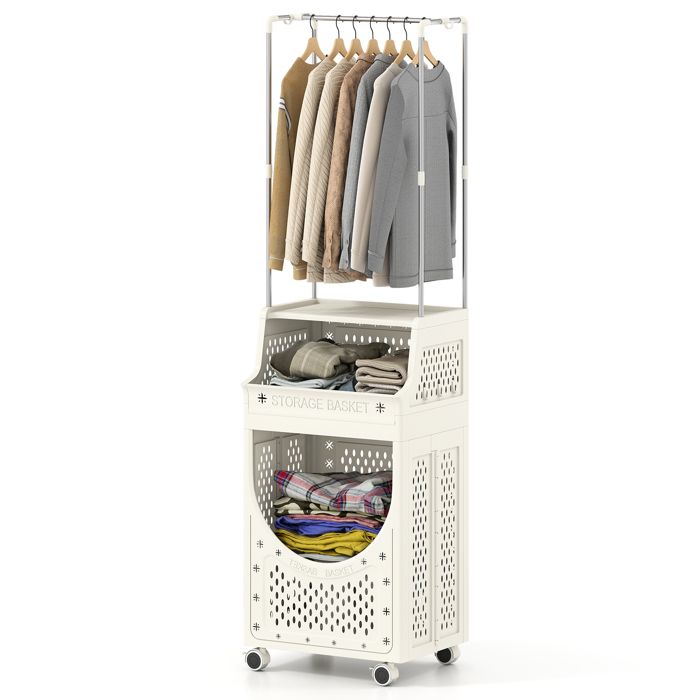 Panier à Linge COSTWAY avec Barre de Suspension 8 Crochets - Bac Linge Sale Plastique a roulettes Verrouillables 21L+40L