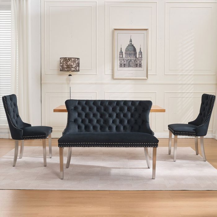 Banquette de salle à manger 2 places AESVAR en velours noir dossier capitonné à oreilles 116 cm