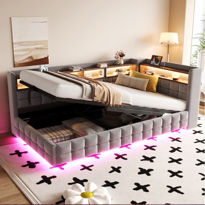 HOMVRA Lit combiné 90x200 cm avec rangement hydraulique étagères intégrées LED USB Type-C velours gris clair