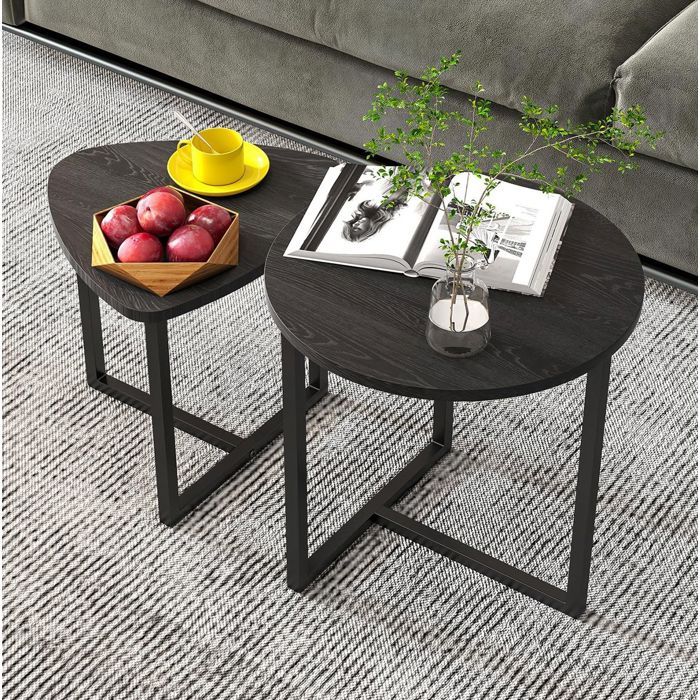 Table basse lot de 2 – Table d’appoint industrielle ronde ovale – Bois et métal – Noir