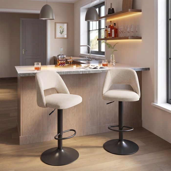 GOEURVANT Lot de 2 Tabourets de Bar Beige Tissu Texturé Pivotant 360° Réglable Dossier Respirant Chaise Confortable Cuisine Comptoir