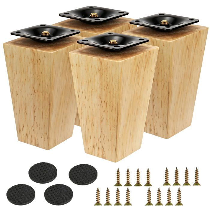 4Pcs Pieds de Meuble Bois Droit 10cm Pieds Table Basse en Chene Massif pour Canape Lit Fauteuil Table de Nuit Armoire Couleur