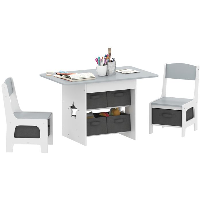 Table et chaises enfant - Table de chevet enfant - 80 x 48 x 49 cm - Finition coloris gris clair - MDF - 6 tiroirs - De 3 à 8 ans
