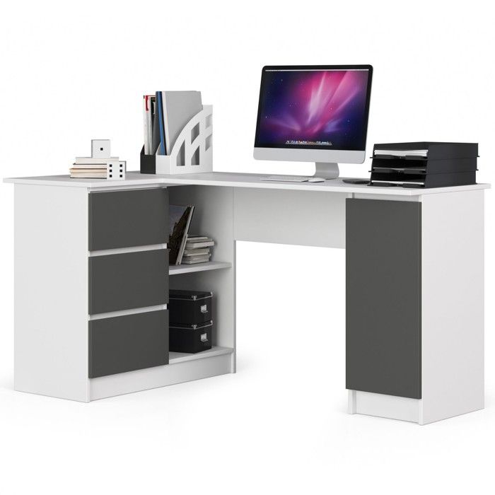 Bureau AKORD dangle gauche B20 Blanc 155 cm 1 porte 3 tiroirs façade Gris Graphite 4 étagères 155x85x77 cm Bureau AKORD dangle gauche B20 Blanc 155 cm 1 porte 3 tiroirs façade Gris Graphite 4 étagères 155x85x77 cm