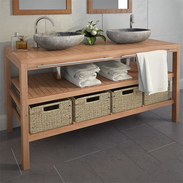 Meuble De Salle De Bains Avec 4 Paniers Teck Massif 132x45x75cm Yulinshop Cdiscount Maison