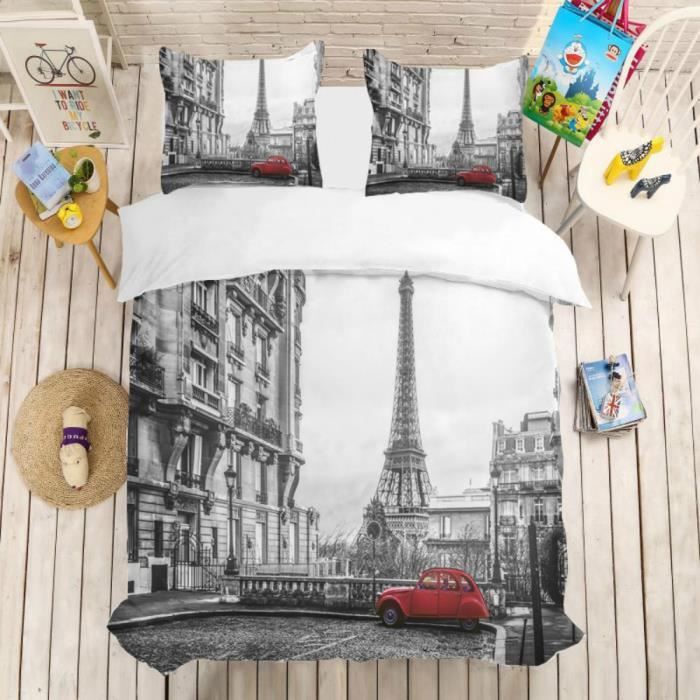 Parure De Lit Paris Retro Tour Eiffel Voiture Rouge 220 240 Cm 3d Effet 3 Pieces Fermeture Eclair 2 Taies D Oreillers 63 63cm Cdiscount Maison