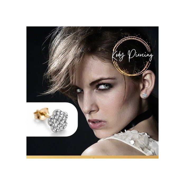 Boucles dOreilles KODY PIERCING Fleur Pavé Zircons Or 9 Carats - Éclat Scintillant et Élégance Florale