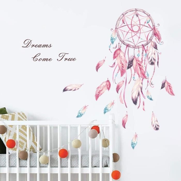Stickers Muraux Attrape Reves Autocollant Mural Plumes Fleur Citations Dreams Come True Decoration Murale Chambre Bebe Fille P 34 Cdiscount Maison