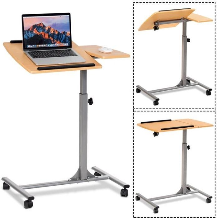 costway table de lit à roulettes portable table pour ordinateur hauteur réglable avec support de souris plateau inclinable