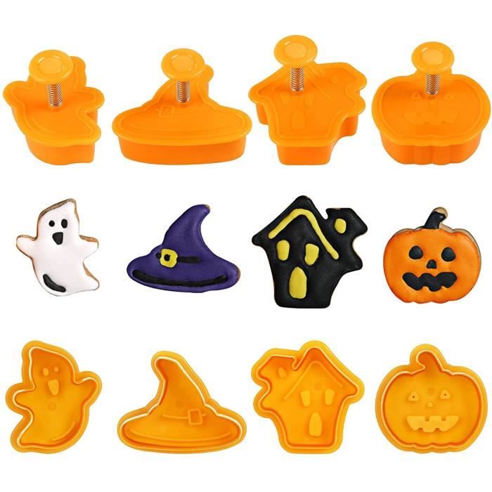 GWHOLE 4 Emporte-pièces Halloween avec Poussoirs en Plastique Forme de Fantôme Citrouille pour Biscuit Moule Cookie Pâtisserie Gâteau Fondant Décoration