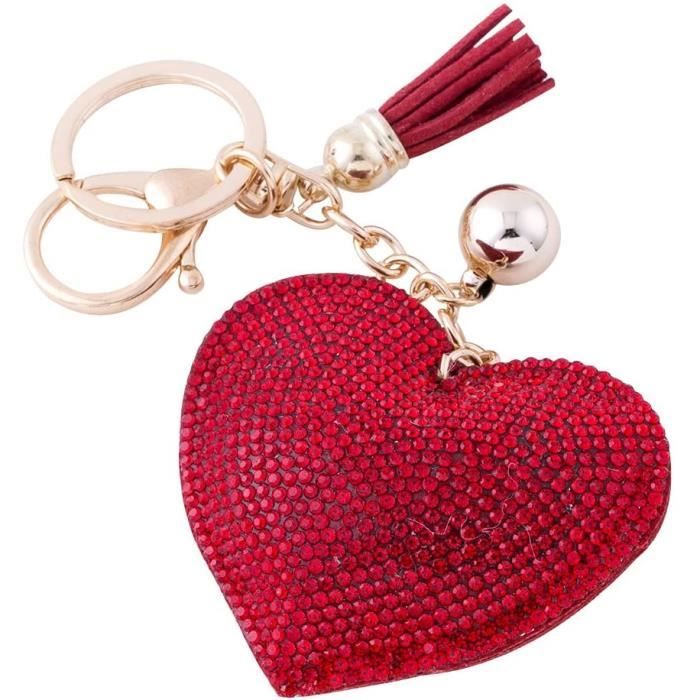 en Cuir Amour Coeur Keychain Bling Premium Cristal De Voiture Porte-clés  Valise Sacs À Dos Accessoires Charme avec Glands (Rouge)
