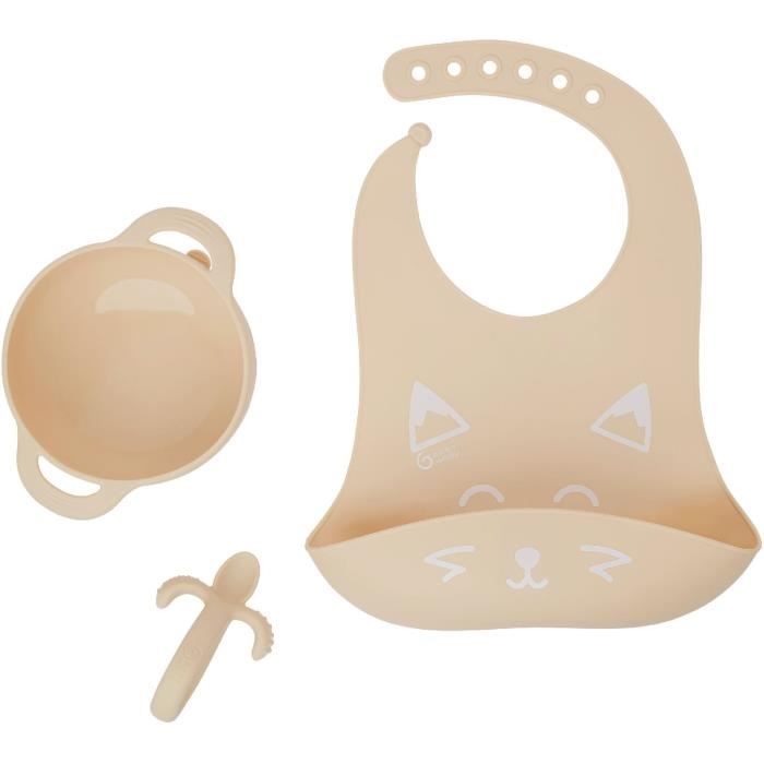 BABYMOOV Kit repas bébé FIRST'ISY bol antidérapant + cuillère ergonomique avec masseur de gencives + bavoir, 6-12 mois, renard