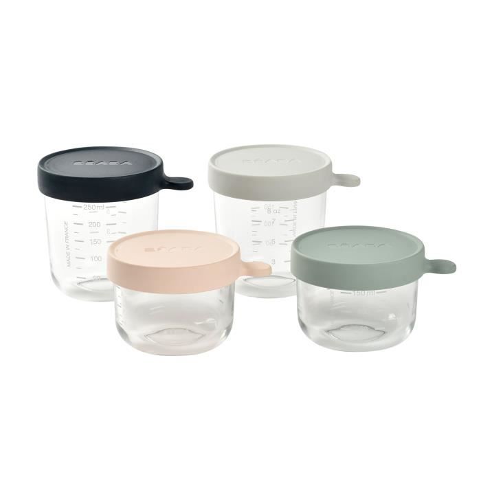 BÉABA Coffret 4 portions verre, pots de conservation (150ml pink / 150ml eucalyptus green / 250ml li