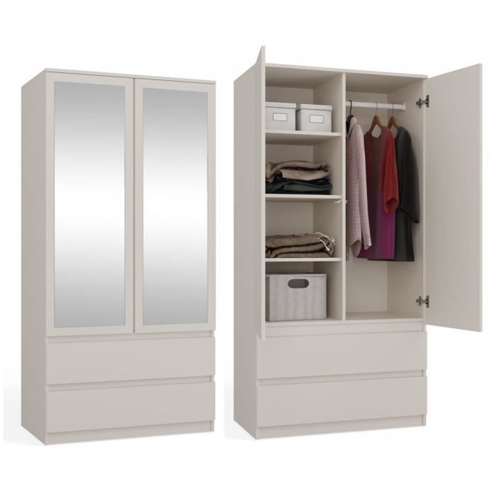 TURIN - Armoire 2 portes avec miroir style moderne chambre à coucher blanc - 90x50x180 - 2 tiroirs