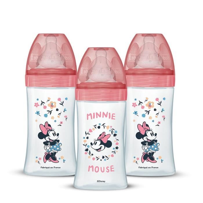 Lot de 3 Biberons DODIE Anti-Colique Initiation+ - Minnie - 270ml - 0-6 Mois - Tétine Ronde - Débit 