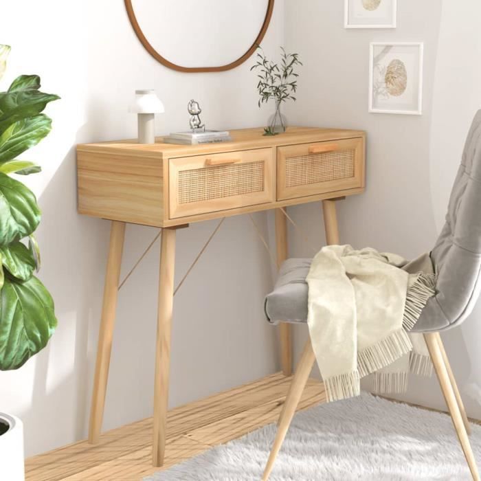 Table console - ESTINK - 80x30x75 cm - Bois massif pin - Rotin naturel - Marron