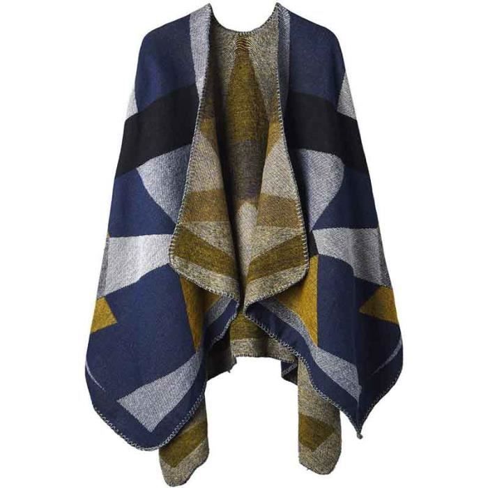 Meilleurs prix pour Poncho Châle Rétro Ouvert Femme - FOLAYA - Plaid Imprimé Tricot - Bleu - Style Capuche