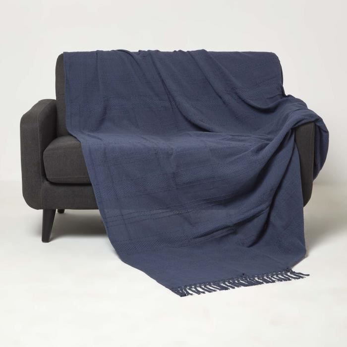 Plaid bleu marine en coton Kashi à franges 225 x 255 cm