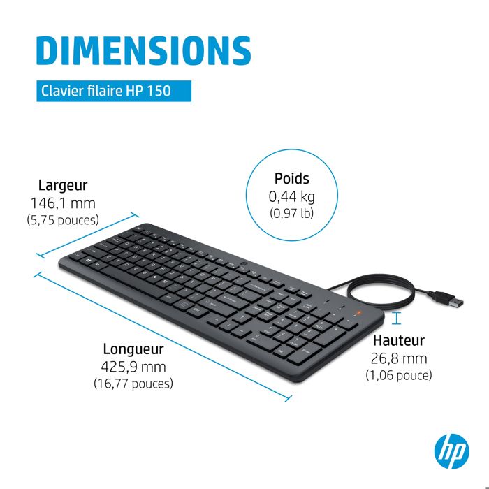 Clavier Filaire HP 150 Wired Keyboard 664R5AA – AZERTY, USB - vue 10