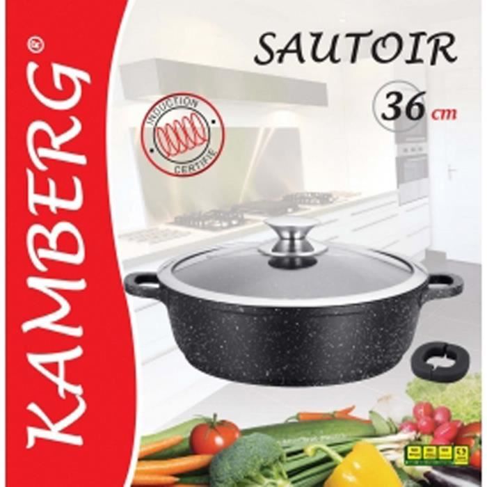 Kamberg Sautoir 36 Cm Fonte D'Aluminium Revêtement Pierre - Couvercle Verre, Tous Feux Dont Induction