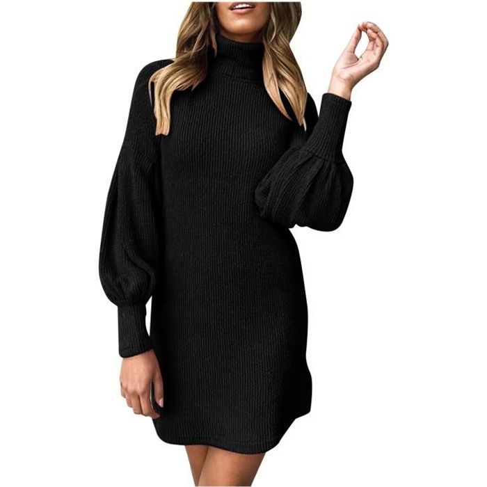 lukcolor Robe pull à col roulé pour femme Mini robe manches longues 1PC Noir