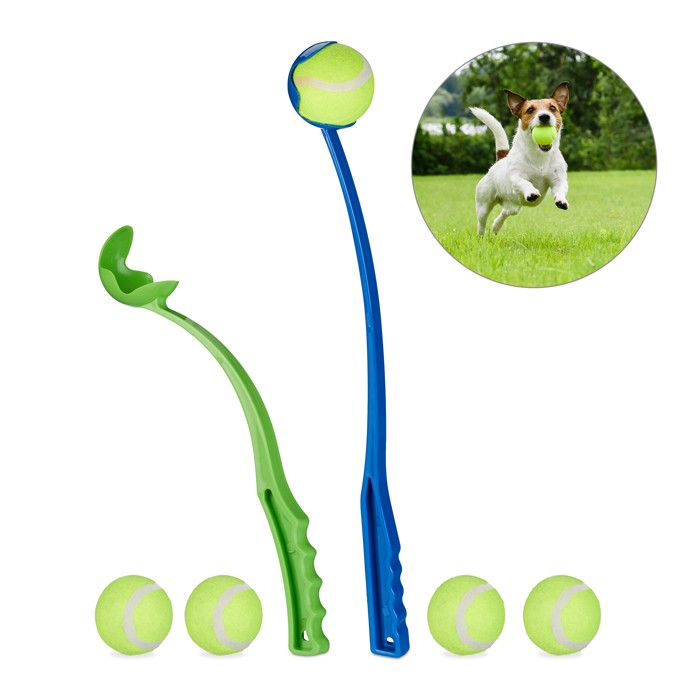 Comparer les prix de Lanceur de balle pour chiens lot de 4 Lanceur de balles 10 balles de tennis incluses pour chien bleu/vert