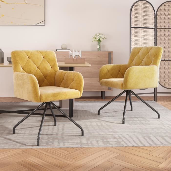 Lot de 2 chaises de salle à manger, Fauteuil lounge moderne pour salon, chambre, bureau et bureau, en mousse et velours, jaune