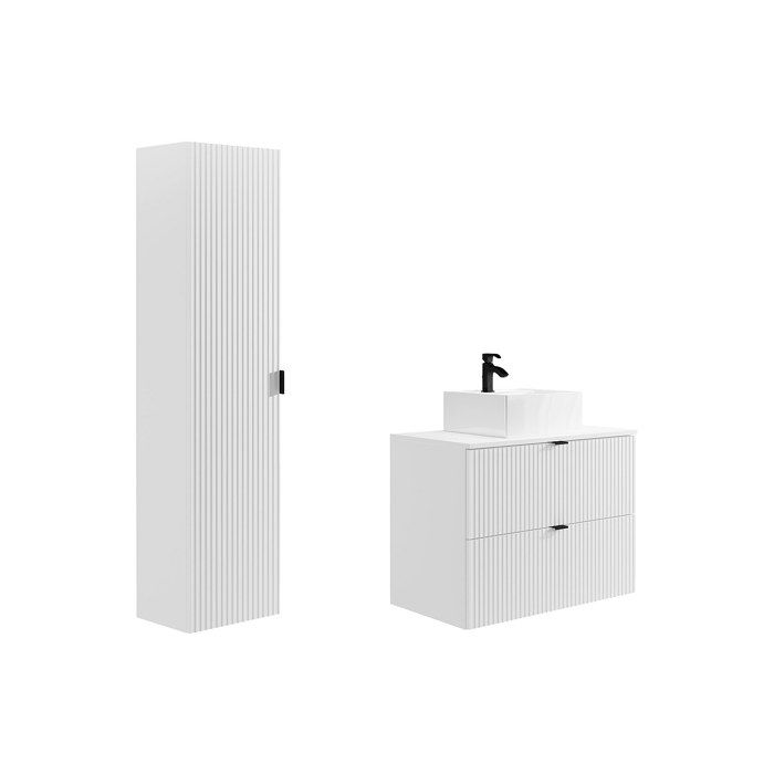 Meuble de salle de bain suspendu strié avec vasque à poser et colonne - Blanc mat - 80 cm - ZEVINI