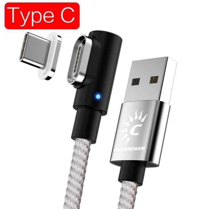 Câble USB C Charge Rapide 90° Nylon 2m - Magnétique Quick Charge 3.0