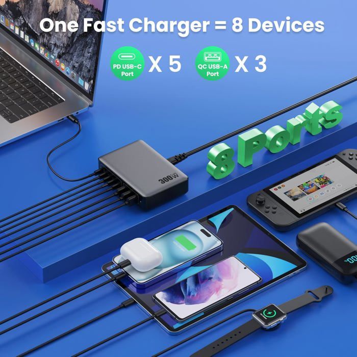 Chargeur USB C Multiple, 200W 6 Port Prise USB C Chargeur Rapide