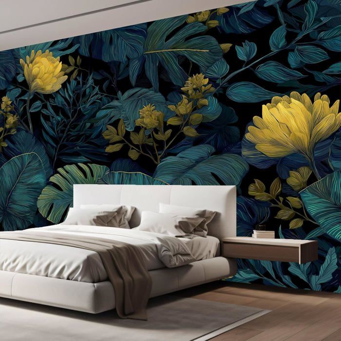 Papier Peint Panoramique Feuilles tropicales, bleu et or murale moderne ...