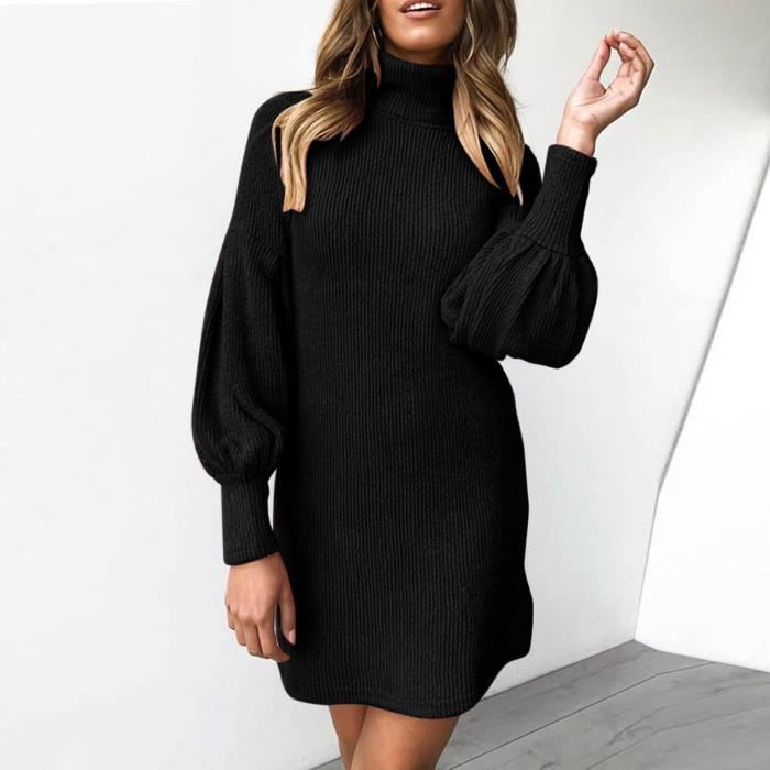 lukcolor Robe pull a col roule pour femme Mini robe manches longues 1PC Noir