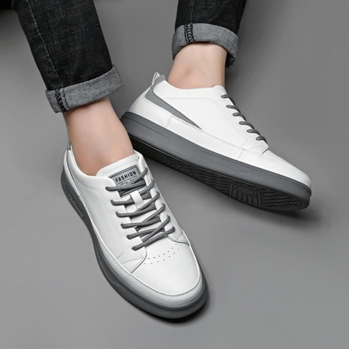 Baskets Homme Sneakers en Cuir Plat Bicolore Doux Confortable avez Lacets Blanc