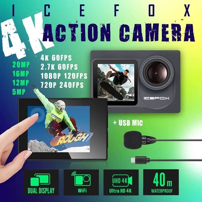 Caméra D'action COOAU 4K 20MP étanche 40m - Avec WiFi Et Prise Externe Micro