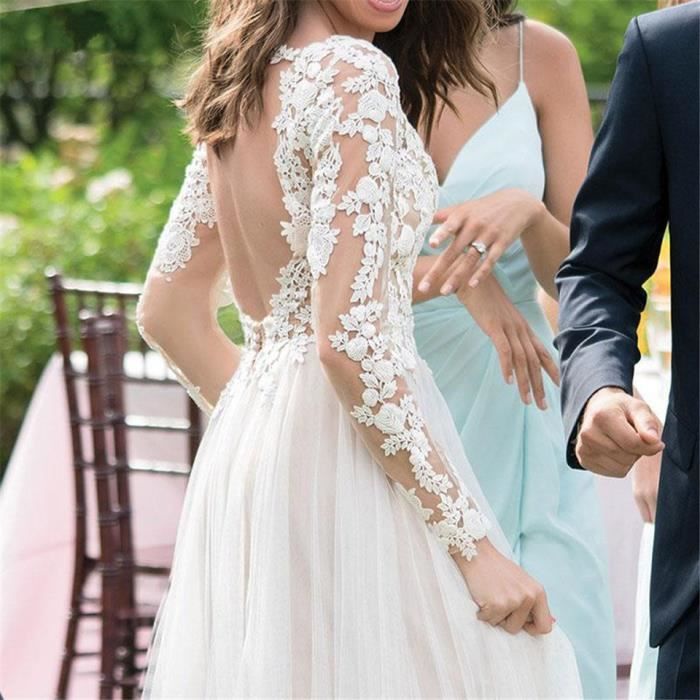 Rose L 2019 nouvelle robe de mariee double epaule Un mot modeles manches longues temperament dentelle fine temperament chasse m Bleu Cdiscount Pret a Porter