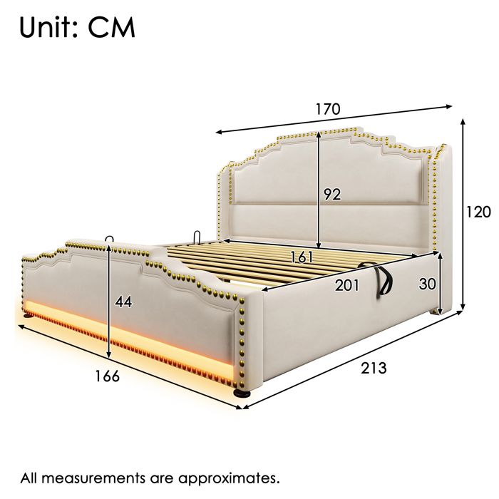 KOMHTOM 180x200cm Lit Double Rembourré avec Tables et Lampes de Chevet, Coffre avec Prise USB et Rangement sous Le Lit, Chambre à Coucher (sans Matelas) (Beige