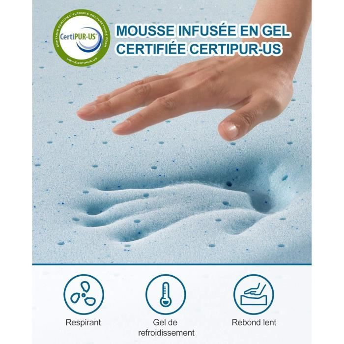 Surmatelas en mousse gel 90x190 - Épaisseur 5 cm - Housse en microfibre