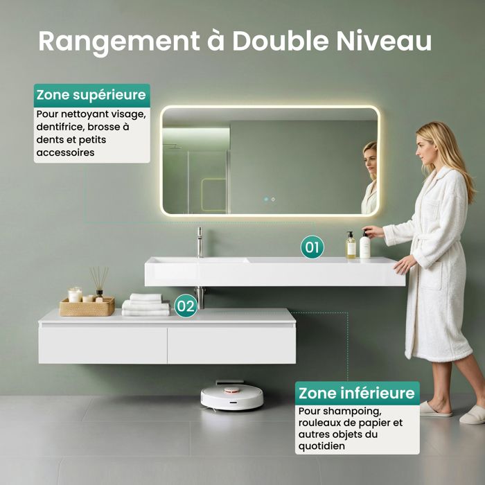 Mai & Mai Meuble De Salle De Bain Chêne Blanc Clair Avec Lavabo Et Miroir Meuble Sous Vasque 120x48x55cm Meuble Suspendu Avec 2 Tiroirs 92288737