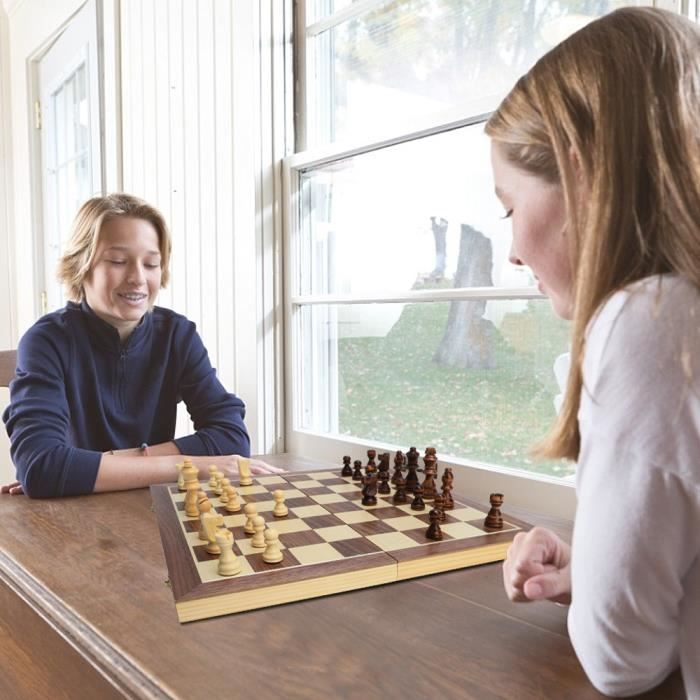 Jeu d'échecs magnétique de 38 cm - Échiquier pliable en bois d'hévéa avec inserts de rangement double face marron café - 2 femmes de rechange et sac
