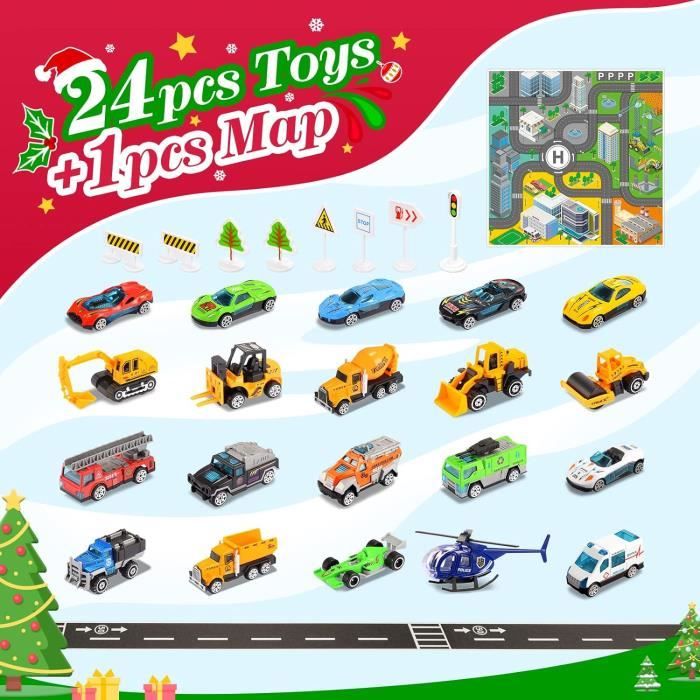 Calendrier De L'Avent Voiture 2025 Pour Garçons - 24 Jours De Surprises Avec Camions à Tirettes Et Jeu De Bowling, Compte à Rebours Noël Enfants