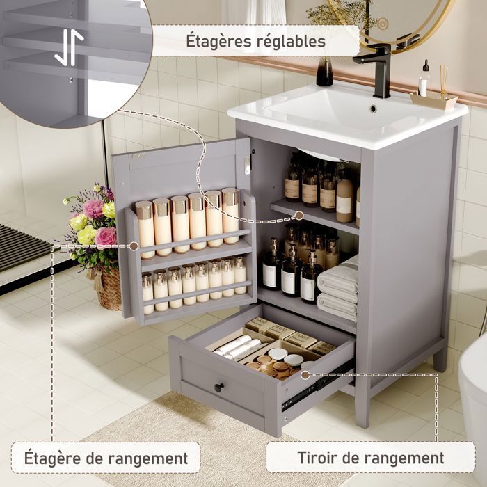 Meuble Salle De Bain Avec Lavabo Céramique Intégré - 2 Tiroirs Silencieux - Design Gris Et Argenté 76x46x87 Cm