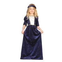 Déguisement Lady Médiévale - Marque - Enfant 5-6 Ans - Robe Velours Bleue et Ivoire - Coiffe Bleue