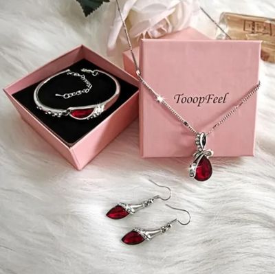 Ensemble De Bijoux Femme Pendentif Chouette En Cristal Rouge - Collier, Boucles D'Oreilles, Bracelet - Style Rétro