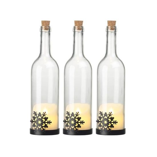 3 bouteilles de vin décoratives avec bougie LED vacillante - Flocon